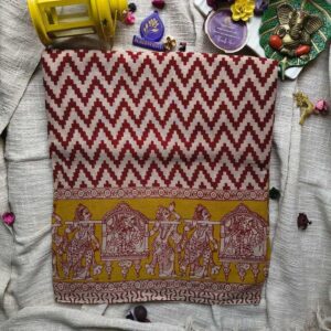 Kalamkari-Hand-Printed-Cotton-Saree-–-Mustard-Yellow-with-Maroon-detailing-Chevron-pattern-Chennai-Tamilnadu-Andhara-karnataka-kerala
