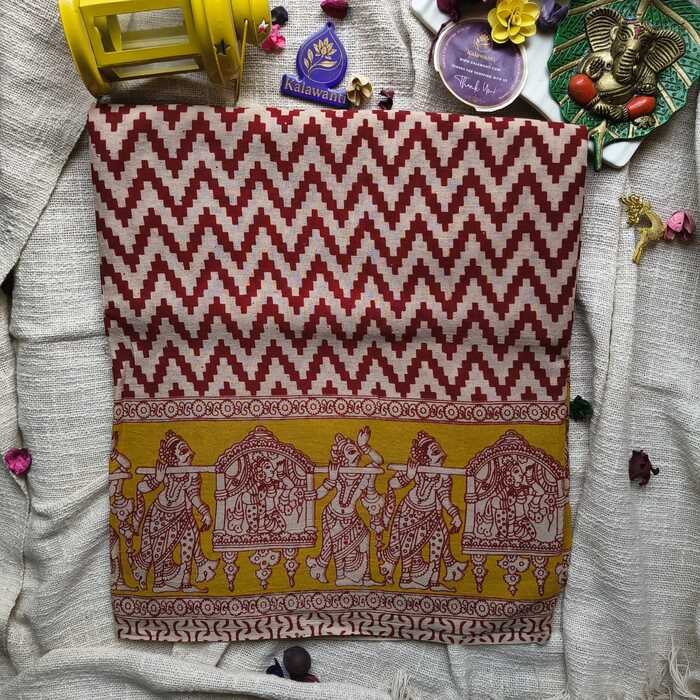 Kalamkari Hand Printed Cotton Saree – Mustard Yellow with Maroon detailing & Chevron pattern-Chennai-Tamilnadu-Andhara-karnataka-kerala Kalamkari-Hand-Printed-Cotton-Saree-–-Mustard-Yellow-with-Maroon-detailing-Chevron-pattern-Chennai-Tamilnadu-Andhara-karnataka-kerala