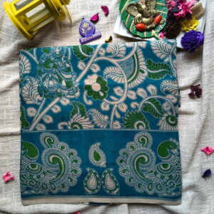 Kalamkari-Hand-Printed-Cotton-Saree-–-Teal-Blue-with-Floral-Paisley-Design-Chennai-Tamilnadu-Andhara-karnataka-kerala