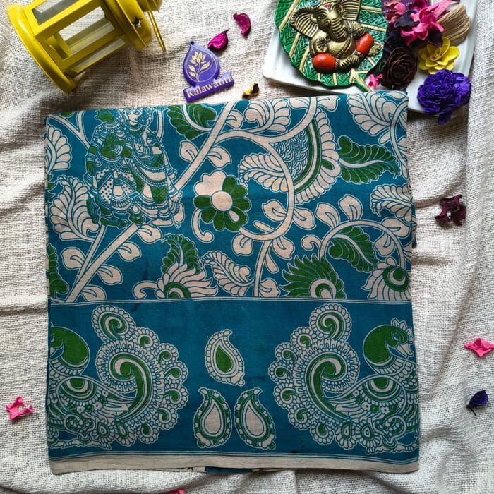 Kalamkari-Hand-Printed-Cotton-Saree-–-Teal-Blue-with-Floral-Paisley-Design-Chennai-Tamilnadu-Andhara-karnataka-kerala