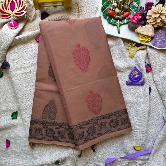 Kalawanti-Cotton-Saree-–-Coffee-Brown-80-Count-Cotton-Saree-with-blouse-and-Thread-Border-chennai-mumbai-sivakasi-sathur-trichy-madurai