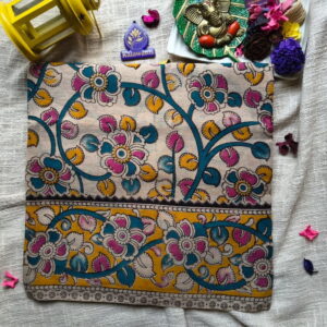 Multi-Colour-Kalamkari-Hand-Printed-Cotton-Saree-with-Floral-Vine-Design-Chennai-Tamilnadu-Andhara-karnataka-kerala