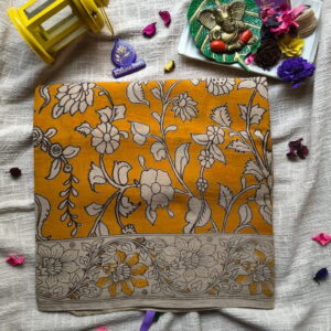 Mustard-Yellow-Kalamkari-Hand-Printed-Cotton-Saree-with-Floral-Vine-Design-Chennai-Tamilnadu-Andhara-karnataka-kerala