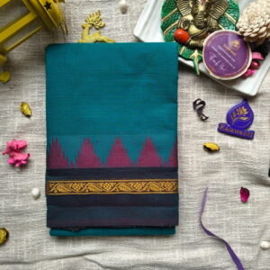 Pure 80 Count Kanchi Cotton Saree Deep Peacock Green with Temple Zari Border & Blouse