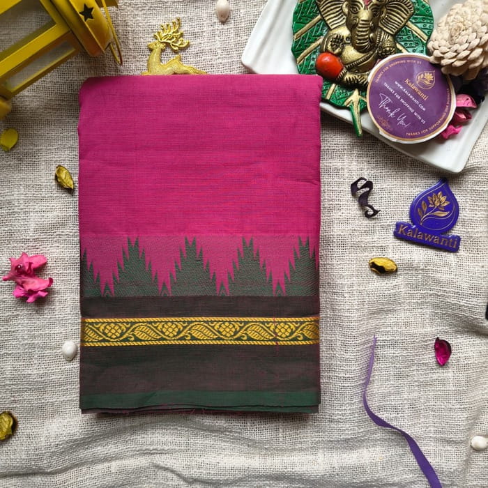 Pure-80-Count-Kanchi-Cotton-Saree-Rich-Rani-Pink-with-Temple-Border-Blouse-Chennai-Tamilnadu-Andhara-karnataka-kerala