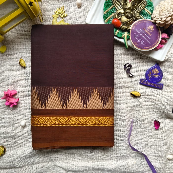 Pure-80-Count-Kanchi-Cotton-Saree-with-Rich-Chocolate-Brown-Temple-Zari-Border-Blouse-Chennai-Tamilnadu-Andhara-karnataka-kerala